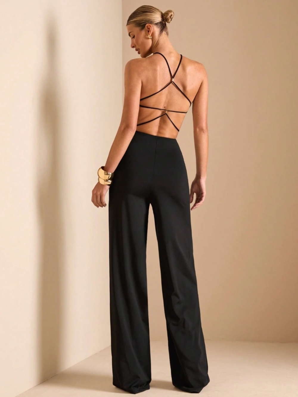 Backless Strappy Black Wide Leg Jumpsuit High Neck